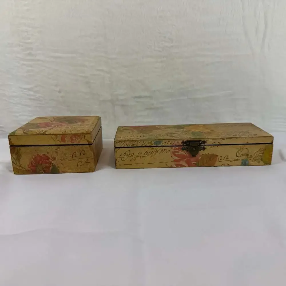 2 small memory keepsake boxes Victorian découpage style floral